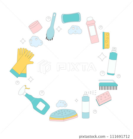 Cleaning tools round frame isolated. Vector Wash home equipment round composition. Soap foam, gloves and brushes with bottles Cleaning tools round frame isolated. Vector Wash home equipment round composition. Soap foam, gloves and brushes with bottles 111691712