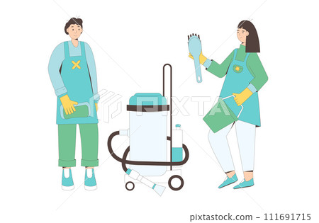 Cleaning service staff team. Vector man and woman work in home. Janitors with housekeeping tools. 111691715