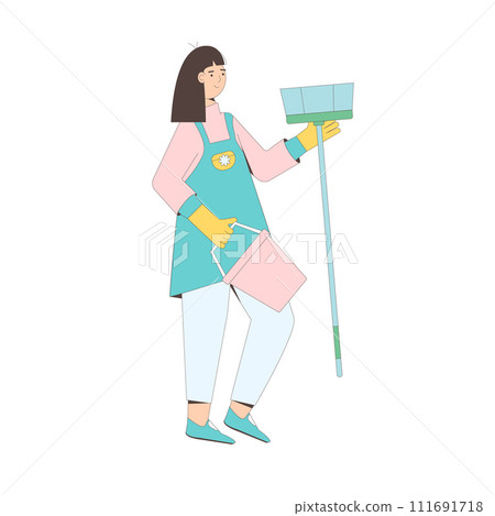Cleaning service staff. Young woman with housekeeping tools isolated on white background. janitor standing with mop and bucket for cleanup. Vector flat illustration 111691718