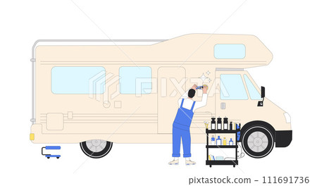 Van polish detailing car. Repair auto service. Polish remove scratch on vehicle big automobile. Young worker restoration. Vector illustration Van polish detailing car. Repair auto service. Polish remove scratch on vehicle big automobile. Young worker restoration. Vector illustration 111691736