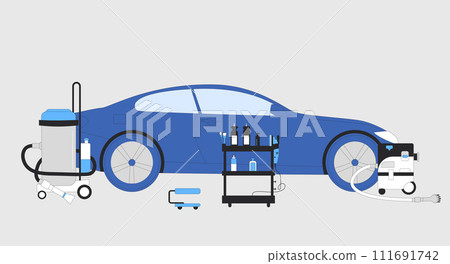 Car detailing. Repair auto polish remove scratch on vehicle and vacuum clean. Prepare to restoration, waxing and wash. Vector illustration 111691742