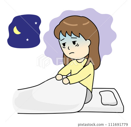 一位患有失眠症的年輕女性晚上難以入睡 111691779