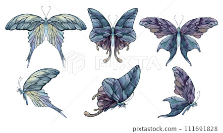 Hand drawn watercolor illustration butterfly fairy wings gem crystal insect moth. Amethyst opal moonstone fluorite. Set of objects isolated on white background. Design print, shop, wedding, birthday 111691828