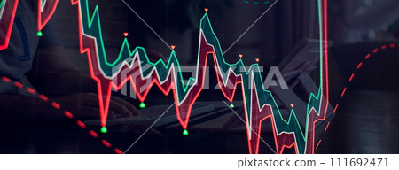 Graphical representation of volumes and time intervals of digital cryptocurrency up indicating crypto rising in value. 111692471