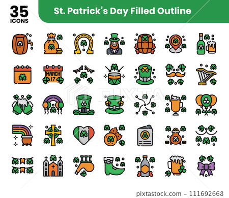 st patrick's day, filled outline icons, saint patrick's day, celebration, cultures, ireland, traditional, christianity, religion, festival, vector, green, clover, holiday, greeting, elements, party,  111692668