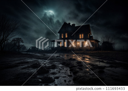 AI-generated content. Haunted House at Dusk with Eerie Lights On 111693433