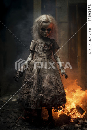 AI-generated content. Charred Doll in Ashen Wasteland With Haunting Flames AI-generated content. Charred Doll in Ashen Wasteland With Haunting Flames 111693478