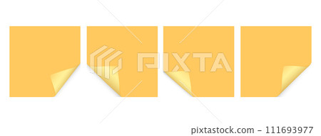 Set of yellow square sheets of note papers, sticky notes with curled corner and shadow, page curl turning effect. Vector illustration on isolated background. Set of yellow square sheets of note papers, sticky notes with curled corner and shadow, page curl turning effect. Vector illustration on isolated background. 111693977