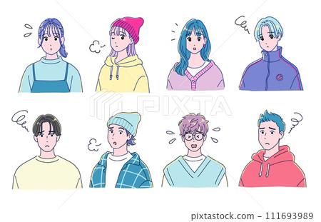 一組 8 位有著動漫風格時尚煩惱臉孔的男女。 111693989