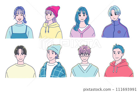 Set of 8 men and women with stylish anime-style smiles Set of 8 men and women with stylish anime-style smiles 111693991