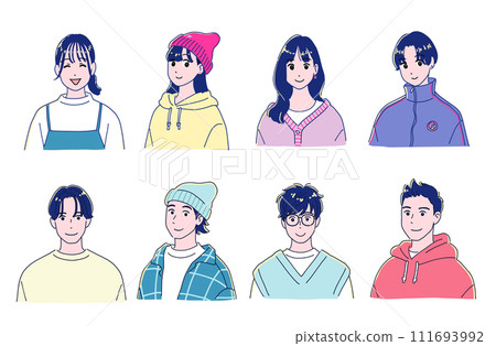 Set of 8 men and women with stylish anime-style smiles 111693992