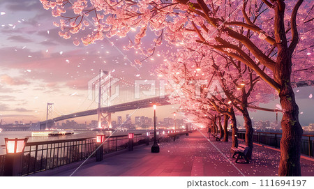黃昏時的春灣大橋和人行道，粉紅色的櫻花盛開 111694197