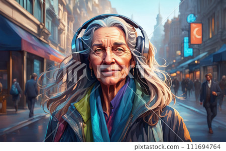 An older woman in casual stylish clothes listens to music on headphones. Active aging, walk around the city An older woman in casual stylish clothes listens to music on headphones. Active aging, walk around the city 111694764