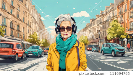 An older woman in casual stylish clothes listens to music on headphones. Active aging, walk around the city An older woman in casual stylish clothes listens to music on headphones. Active aging, walk around the city 111694765