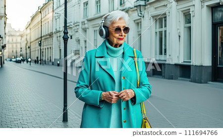 An older woman in casual stylish clothes listens to music on headphones. Active aging, walk around the city An older woman in casual stylish clothes listens to music on headphones. Active aging, walk around the city 111694766