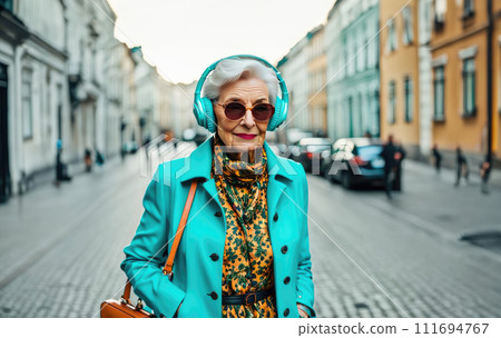 An older woman in casual stylish clothes listens to music on headphones. Active aging, walk around the city An older woman in casual stylish clothes listens to music on headphones. Active aging, walk around the city 111694767