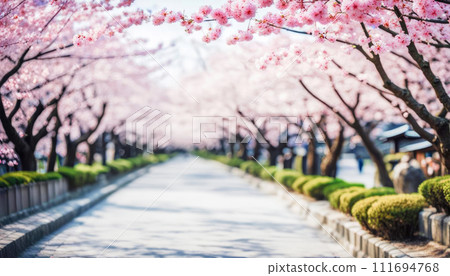 Blooming Japanese cherry trees in the garden. Spring landscape of sakura 111694768