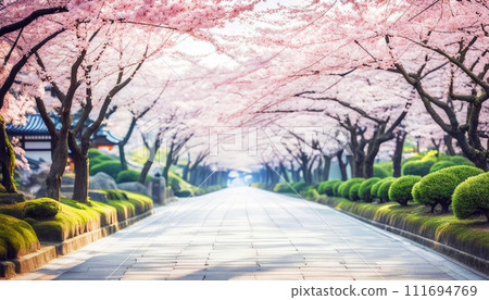Blooming Japanese cherry trees in the garden. Spring landscape of sakura Blooming Japanese cherry trees in the garden. Spring landscape of sakura 111694769