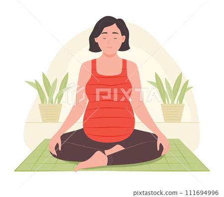 Pregnant Woman Sitting on Yoga Mat and Doing Yoga Meditation for Mental Health 111694996