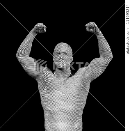 Abstract line engraving strong man isolated on black BG Abstract line engraving strong man isolated on black BG 111695214