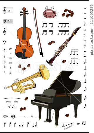 Musical-themed musical instrument materials using illustrations of musical instruments 111695236