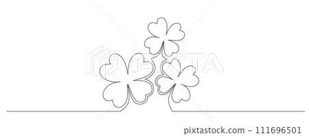 Clovers flower banner for Saint Patrick day - good lucky symbol, single line. Vector stock minimalism illustration isolated on white background for design template invitation. Editable stroke. EPS10 111696501