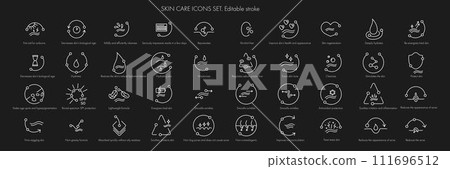 Beauty skin care icon pack set for patch, cream, mask cosmetic and beauty product, medical clinic, web, packaging. Vector stock illustration isolated on black background. Editable stroke.EPS10 111696512