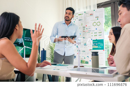 diversity team brainstorming in ESG (environment,socail,governance) sustainability business goals sdgs in green office diversity team brainstorming in ESG (environment,socail,governance) sustainability business goals sdgs in green office 111696876