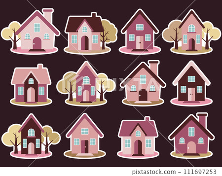 Set of 12 Scandinavian-style houses, Autumn, with white border 111697253