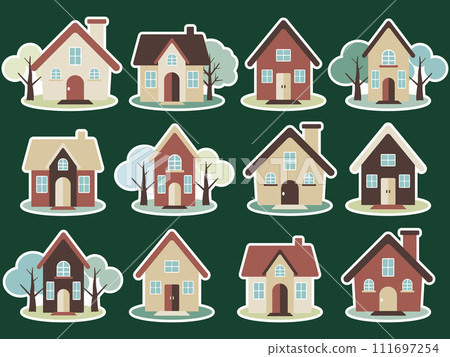 Set of 12 Scandinavian-style houses, Spring & Summer, with white border 111697254