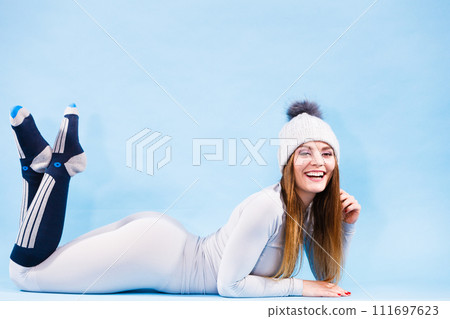 woman in thermal underwear top ang leggings woman in thermal underwear top ang leggings 111697623