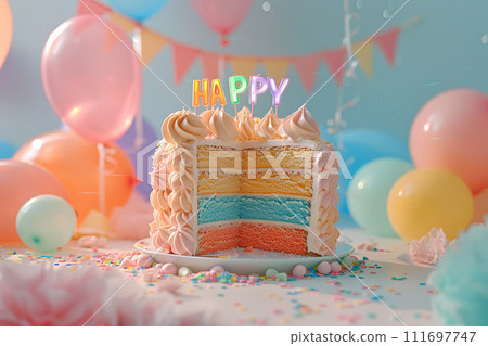 A festive and vibrant birthday cake, adorned with 'HAPPY' candles, set against a backdrop of cheerful balloons and confetti. Generative AI. 111697747