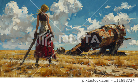 Oil painting of a woman standing with a sword Oil painting of a woman standing with a sword 111698724