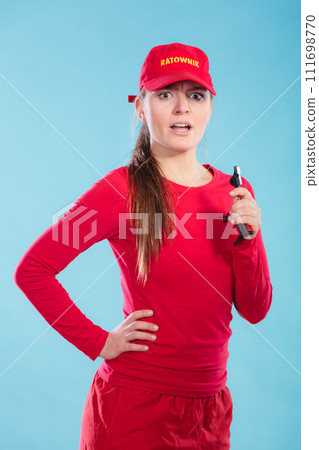 Lifeguard woman in cap on duty with whistle. 111698770