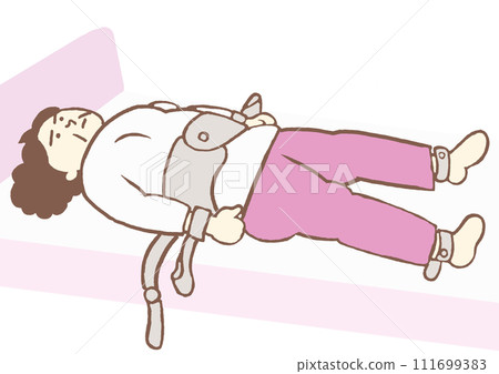 Schizophrenia: A woman whose trunk and upper limbs are restrained on the bed Schizophrenia: A woman whose trunk and upper limbs are restrained on the bed 111699383
