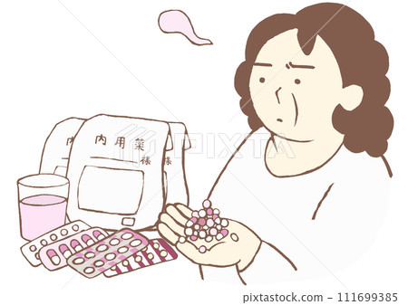 Multi-drug prescription: A woman with schizophrenia who does not feel like taking an antipsychotic drug that has entered the heat 111699385