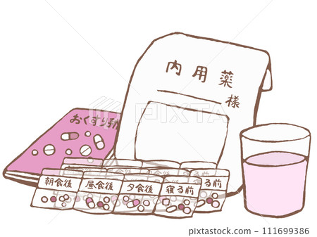 A packaged antipsychotic drug, a medicine notebook, water in a cup 111699386