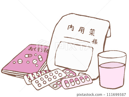 Antipsychotic drug in the heat, medicine notebook, water in a cup 111699387