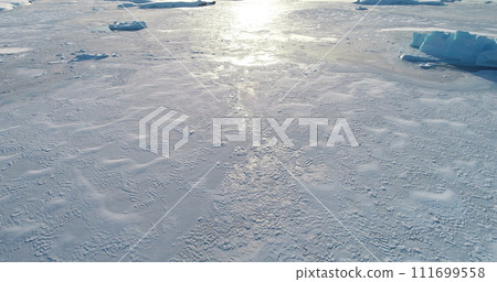 Frozen Antarctica wild nature landscape aerial view. Drone fly over the untouched wilderness of Antarctic icebergs in ice covered ocean. Desert white land of snow. Discover the beauty of South Pole Frozen Antarctica wild nature landscape aerial view. Drone fly over the untouched wilderness of Antarctic icebergs in ice covered ocean. Desert white land of snow. Discover the beauty of South Pole 111699558