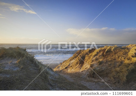 Stormy northern sea at sunset in Denmark. Coastal city Hvide Sande 111699601