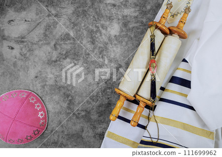 Jewish Orthodox holidays symbols prayer shawl tallit, prayer holy torah scroll, kippah Jewish Orthodox holidays symbols prayer shawl tallit, prayer holy torah scroll, kippah 111699962