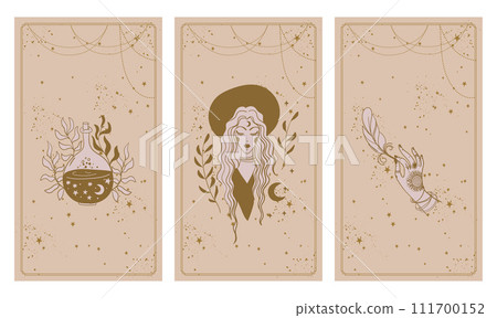 Set of three tarot cards, heavenly and mystical motifs, witch with magic potion, female hand with feather, boho tattoos, vector illustration. 111700152