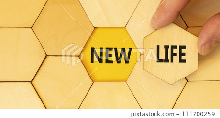 New life symbol. Concept words New life on beautiful wooden puzzles on a beautiful wooden background. Businessman hand. Business, support, motivation, psychological and new life concept. Copy space. 111700259