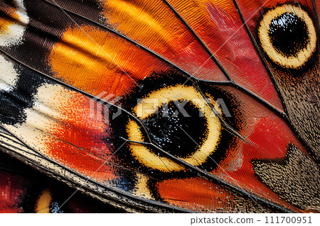 colorful red butterfly wing closeup Abstract textured natural background Copy space Poster design Saturnia pavonia, small emperor moth 111700951