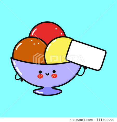 Cute Ice cream sundae with poster. Vector hand drawn cartoon kawaii character illustration icon. Isolated on blue background. Ice cream sundae think concept 111700990