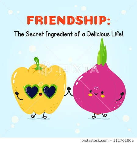 Bell pepper and onion card. Vector hand drawn doodle style cartoon character illustration icon design. Happy Bell pepper and onion friends concept card Bell pepper and onion card. Vector hand drawn doodle style cartoon character illustration icon design. Happy Bell pepper and onion friends concept card 111701002