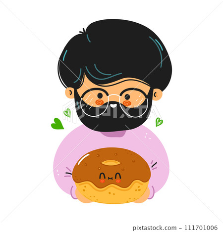 Young cute funny man hold Donut in hand. Young boy hugs cute Donut. Vector hand drawn doodle style cartoon character illustration icon design. Isolated on white background 111701006