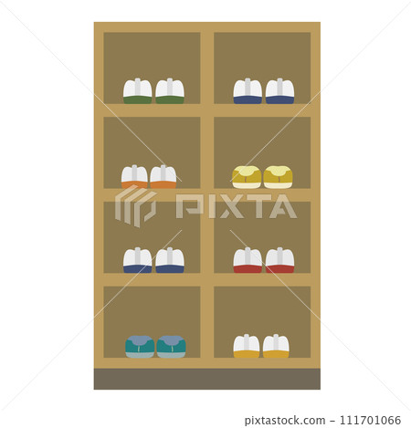 Illustration of indoor shoes in a shoe rack at a school entrance 111701066