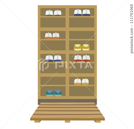 Illustration of indoor shoes in a shoe rack at a school entrance 111701068