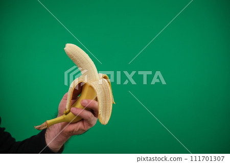 one yellow ripe banana in the man hand . advertising Green background chromakey free space 111701307
